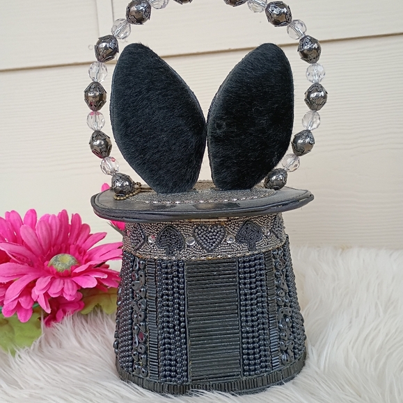 Rare Mary Frances Hocus Pocus Black Beaded Magician's Rabbit In A Hat Bucket Bag - Picture 4 of 16